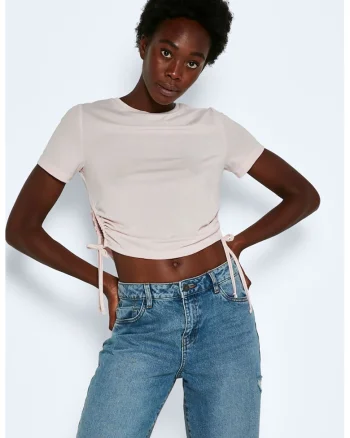 Tricou crop cu snururi laterale, Bej deschis