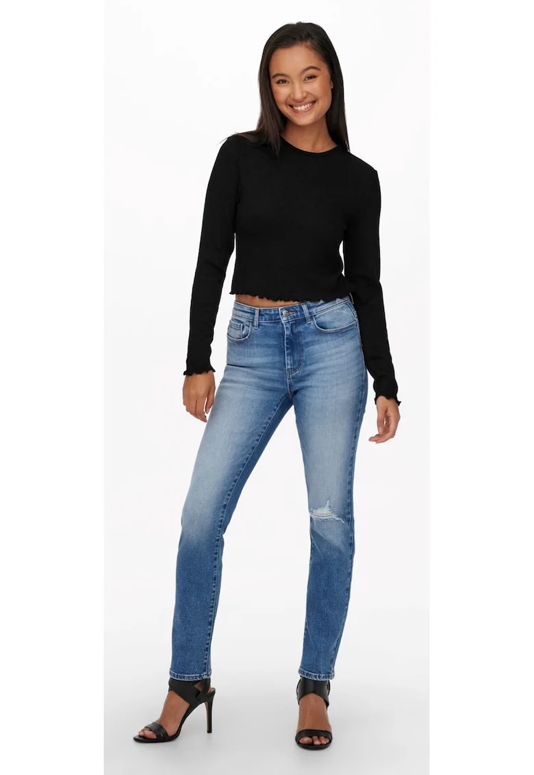 Tricou cu maneci lungi si volane crosetate Topcropped Top, Negru