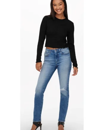 Tricou cu maneci lungi si volane crosetate Topcropped Top, Negru