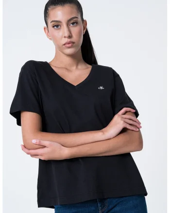 Tricou cu decolteu in V si logo discret, Negru