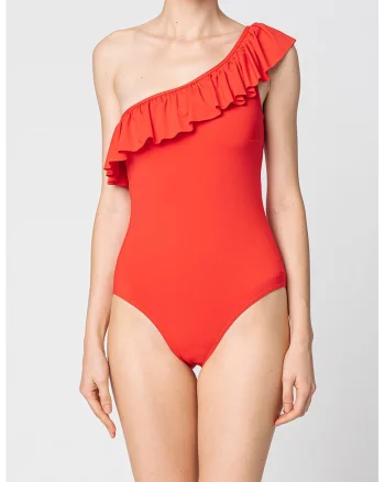 Costum de baie intreg cu decolteu pe un umar, Rosu