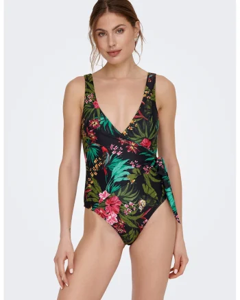 Costum de baie intreg cu snur lateral, Verde/Roz/Bleumarin