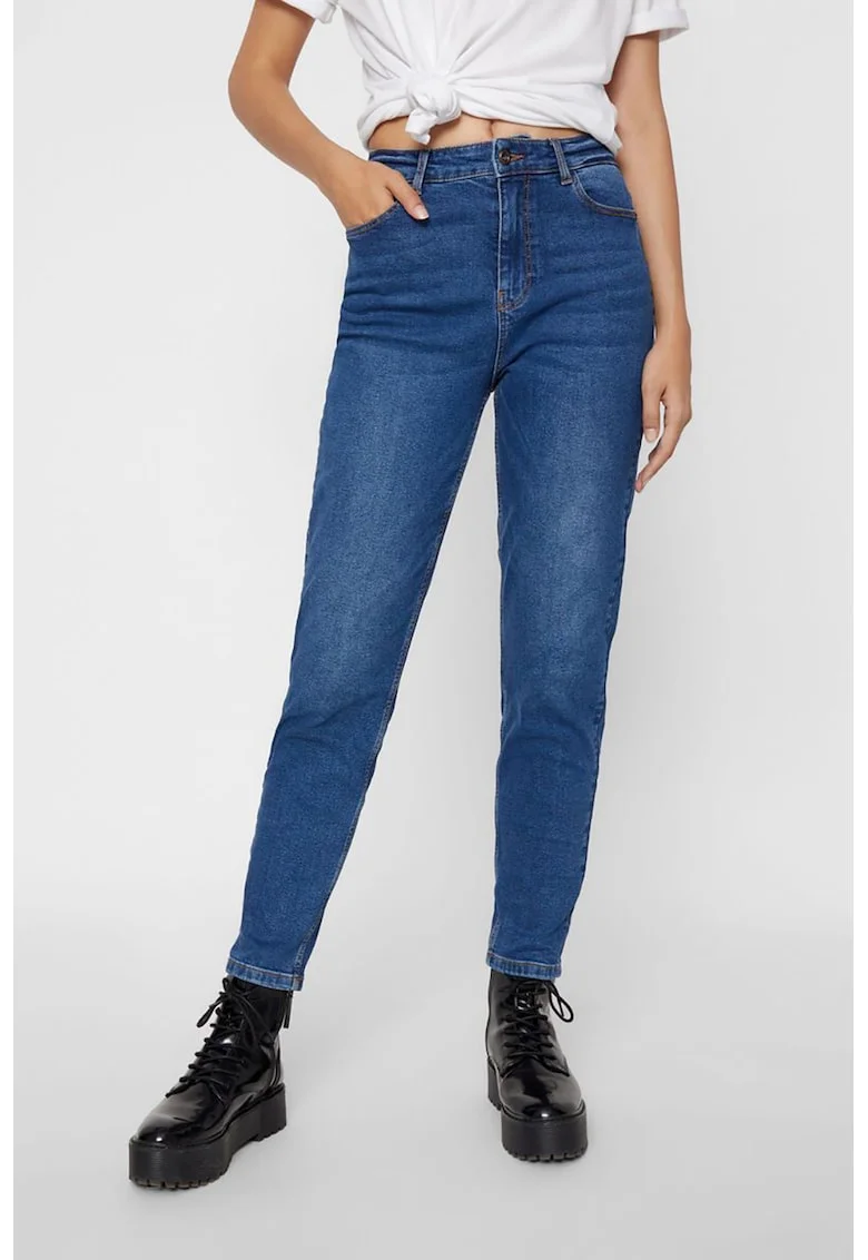 Blugi crop mom fit cu talie inalta, Albastru inchis