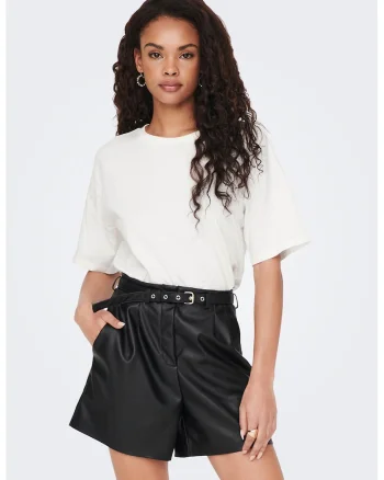 Pantaloni scurti de piele ecologica cu talie inalta, Negru