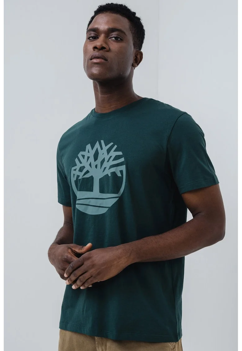 Tricou de bumbac cu imprimeu logo, Verde inchis