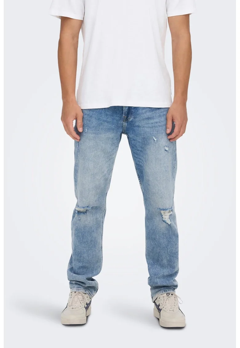 Blugi regular fit cu detalii cu aspect deteriorat, Albastru deschis