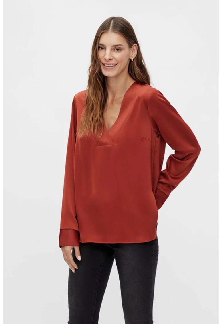 Bluza vaporoasa din satin cu decolteu in V, Portocaliu stins