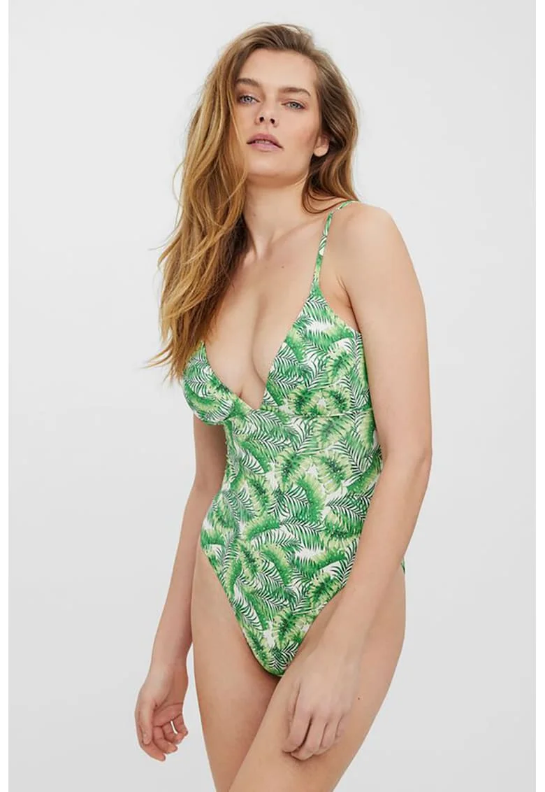 Costum de baie intreg cu imprimeu tropical, Verde deschis