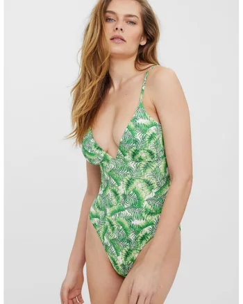Costum de baie intreg cu imprimeu tropical, Verde deschis