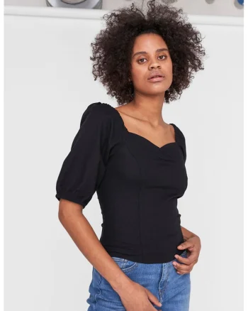 Bluza din amestec de in cu maneci bufante, Negru