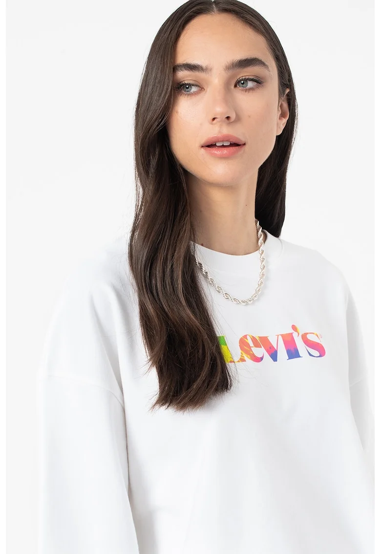 Bluza sport relaxed fit cu imprimeu logo, Alb/Violet/Coral