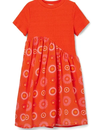 Rochie cu croiala in A si imprimeu grafic, Rosu