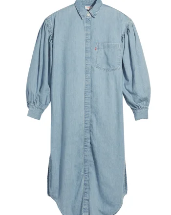 Rochie tip camasa din denim cu maneci bufante, Albastru prafuit
