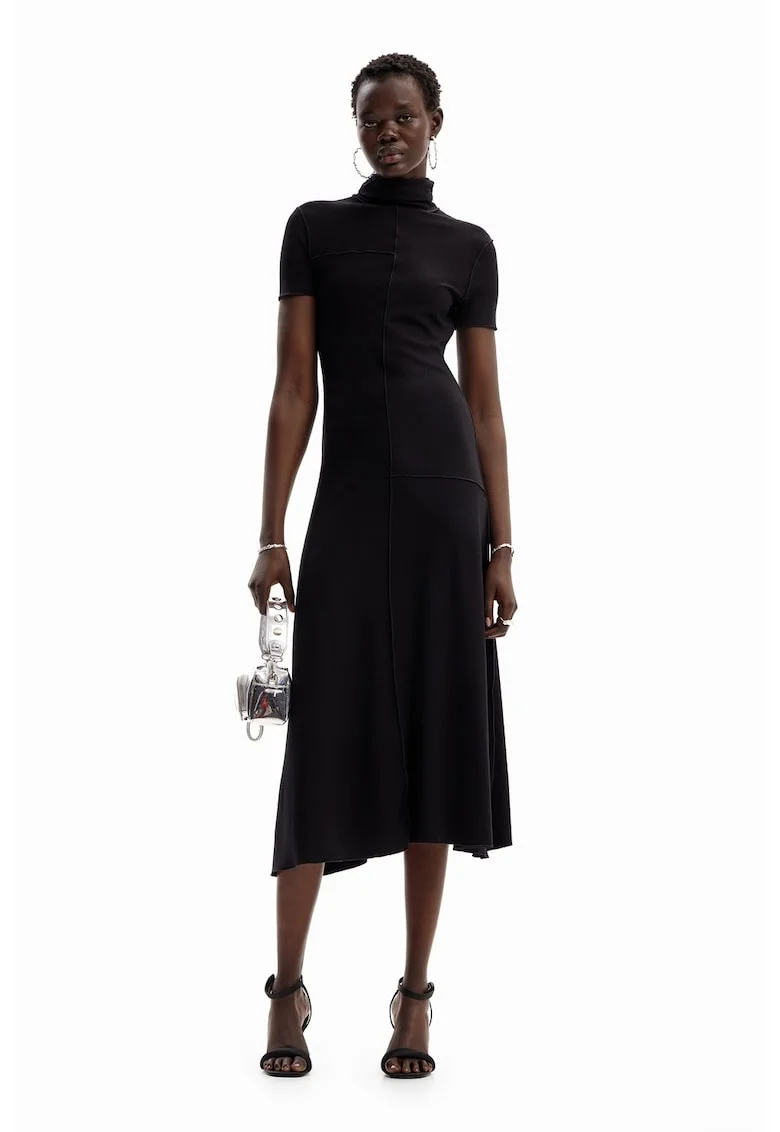 Rochie midi cu guler inalt, Negru