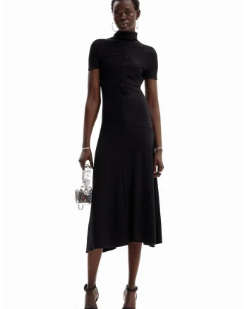 Rochie midi cu guler inalt, Negru