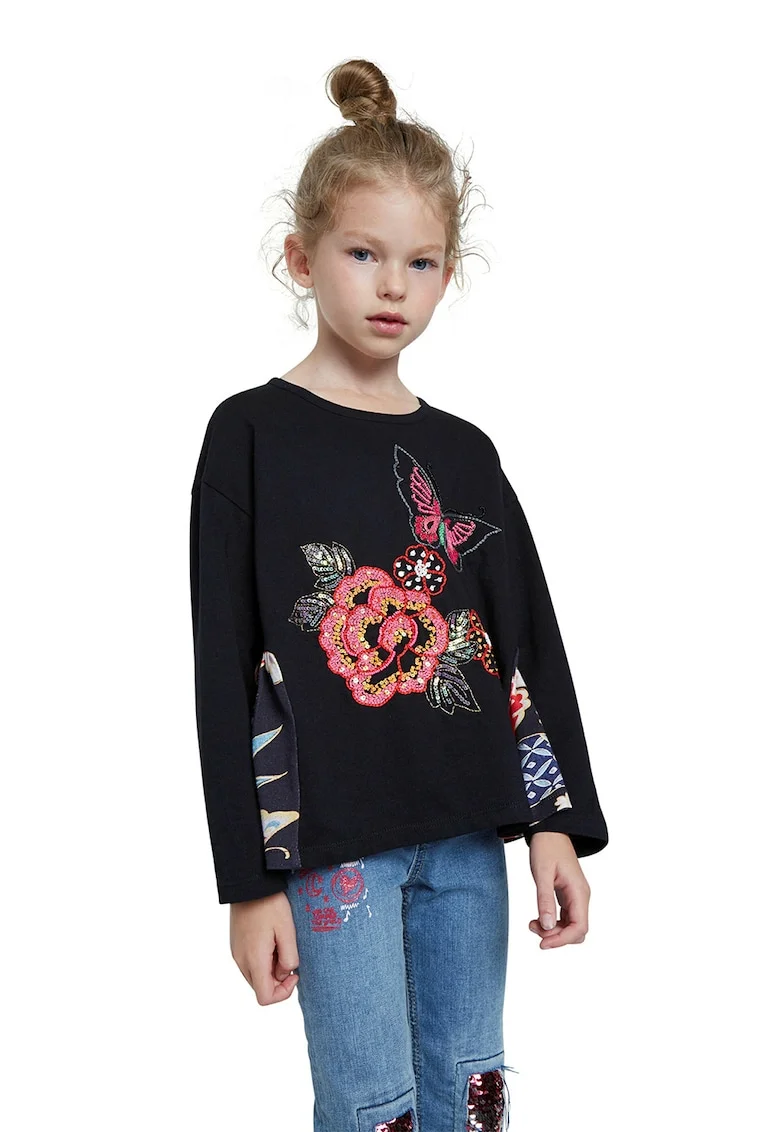 Bluza de bumbac cu broderie, Rosu/Negru/Roz