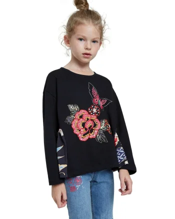 Bluza de bumbac cu broderie, Rosu/Negru/Roz