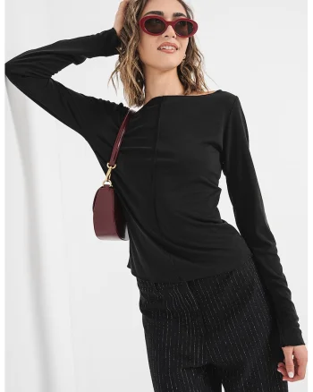 Bluza din amestec de modal cu decoleteu barcuta Maggie, Negru