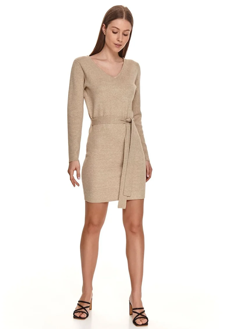 Rochie tricotata cu cordon in talie, Bej