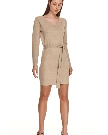 Rochie tricotata cu cordon in talie, Bej