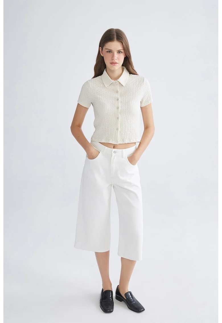 Camasa crop texturat cu maneci scurte, Bej deschis