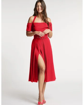 Rochie evazata din amestec de in cu slit lateral adanc Chimera