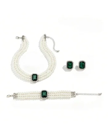 Set colier, bratara si cercei, argintiu, cu perle si pietre verzi, Olympia C5