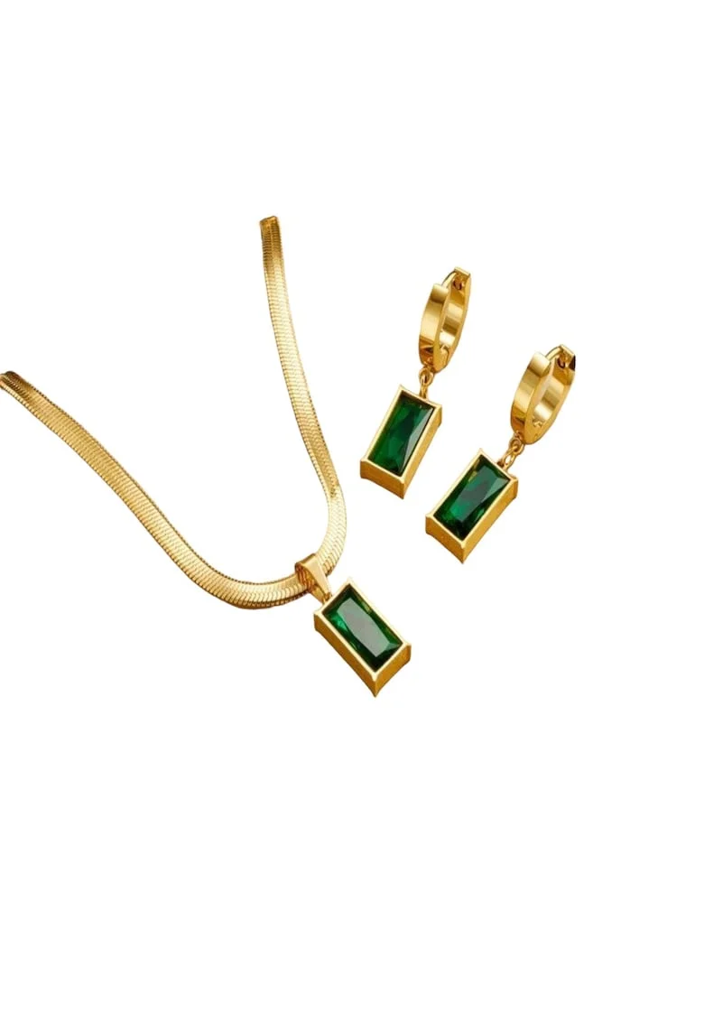 Set colier si cercei, auriu, cu pietre verzi, din otel inoxidabil, suflat cu aur 18k, Nick C1