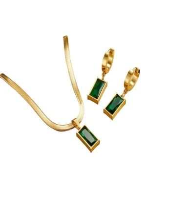 Set colier si cercei, auriu, cu pietre verzi, din otel inoxidabil, suflat cu aur 18k, Nick C1
