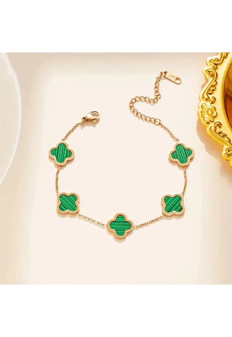 Bratara rose gold, din otel inoxidabil, suflata cu aur 18k, cu trifoi verde, Izabela C5