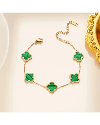 Bratara rose gold, din otel inoxidabil, suflata cu aur 18k, cu trifoi verde, Izabela C5