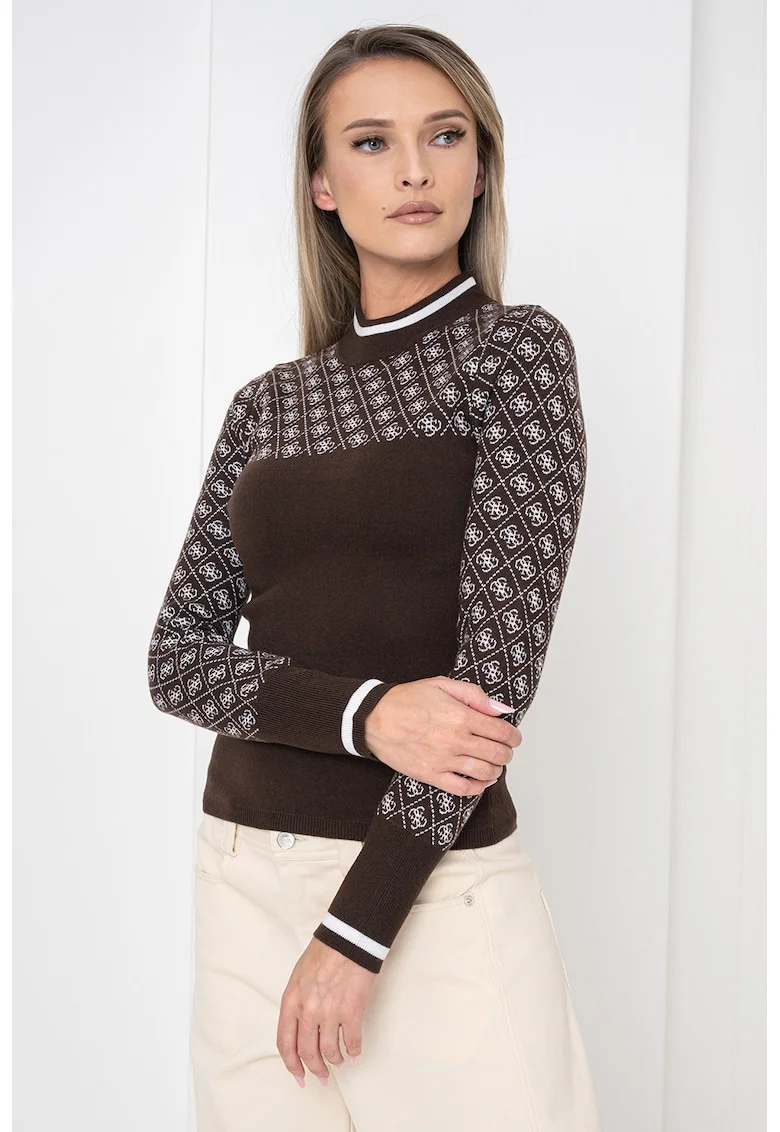 Pulover cu guler scurt si garnitura cu model, Alb/Maro inchis