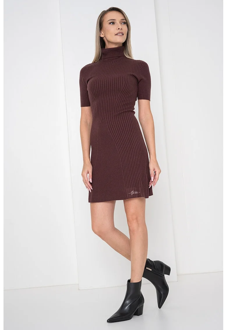 Rochie cambrata scurta din amestec de matase si casmir, Maro inchis