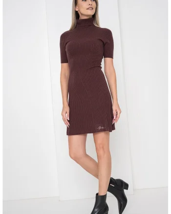 Rochie cambrata scurta din amestec de matase si casmir, Maro inchis