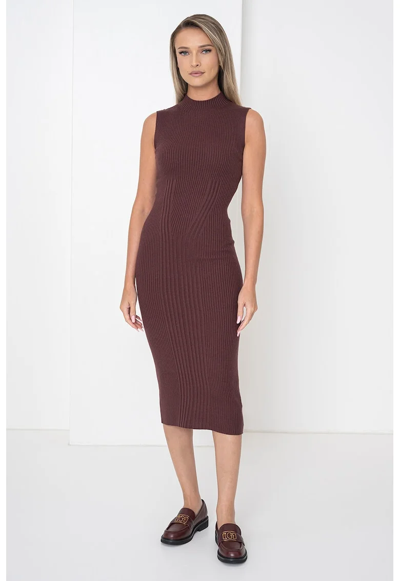 Rochie cambrata din amestec de casmir si matase cu guler inalt, Maro inchis