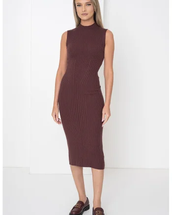 Rochie cambrata din amestec de casmir si matase cu guler inalt, Maro inchis