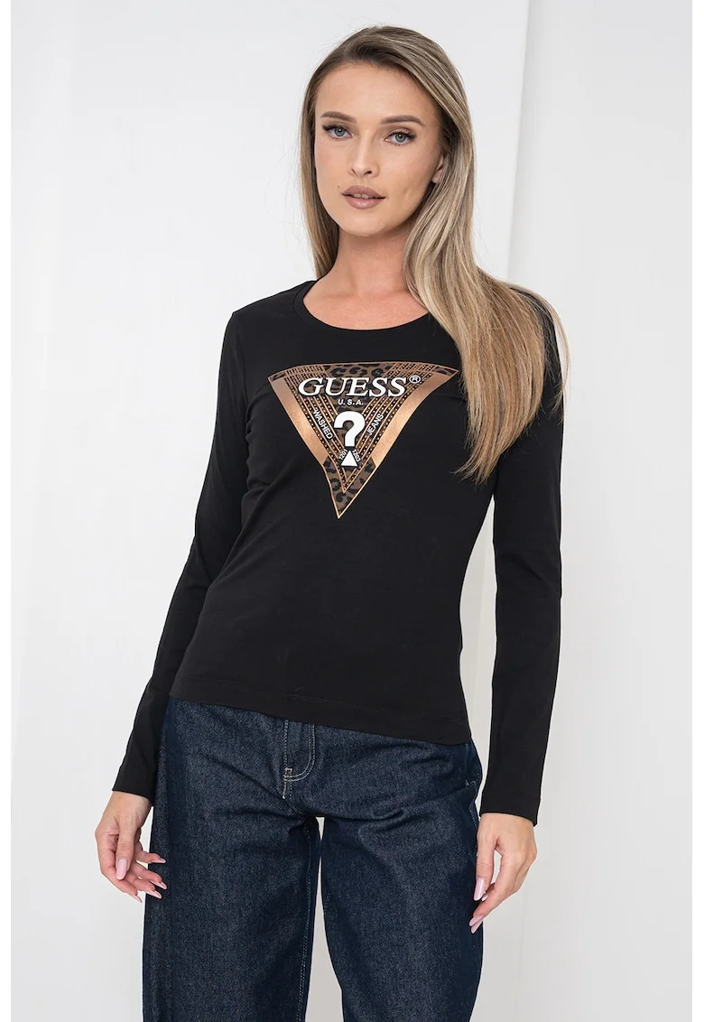 Bluza cambrata cu decolteu rotund si logo, Negru/Bronz