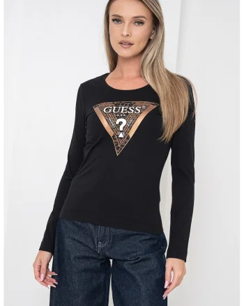 Bluza cambrata cu decolteu rotund si logo, Negru/Bronz