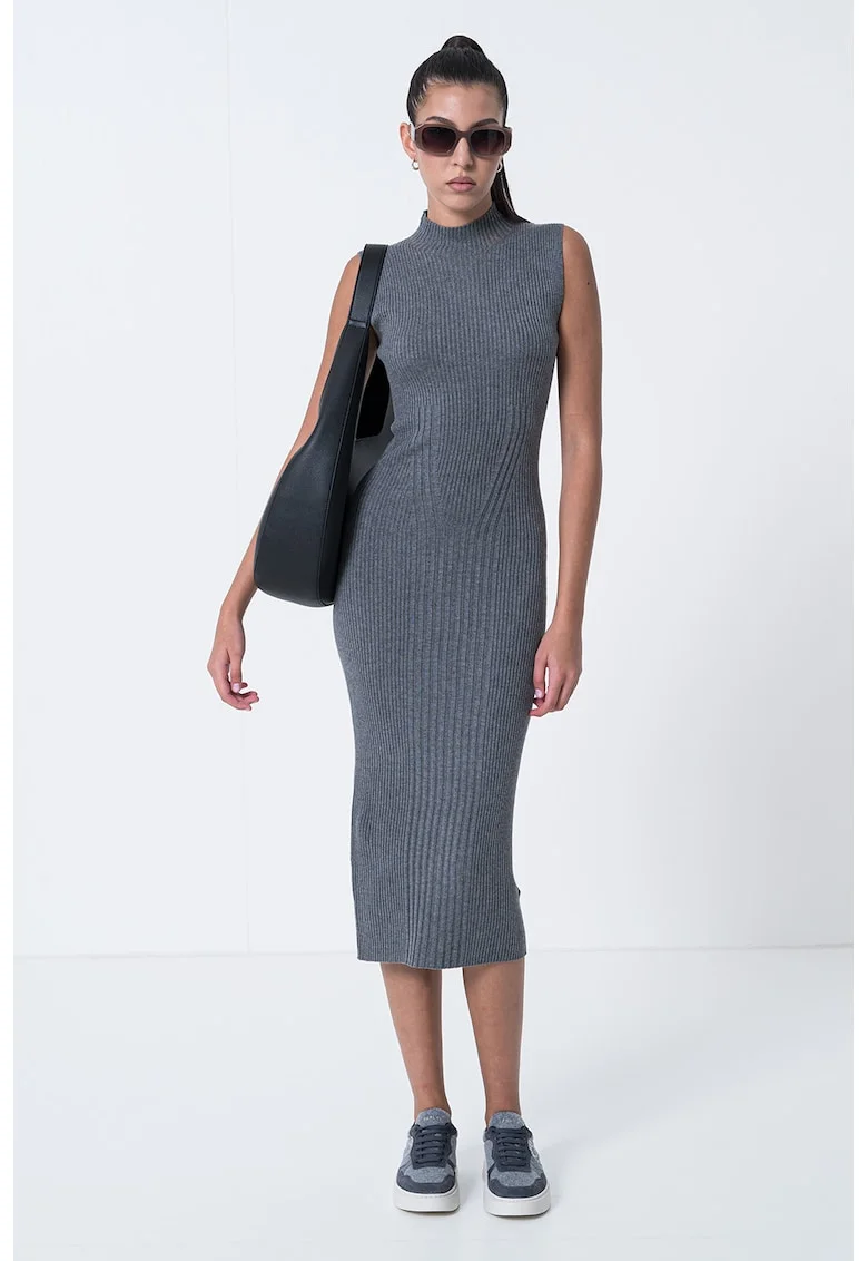 Rochie cambrata din amestec de casmir si matase cu guler inalt, Gri