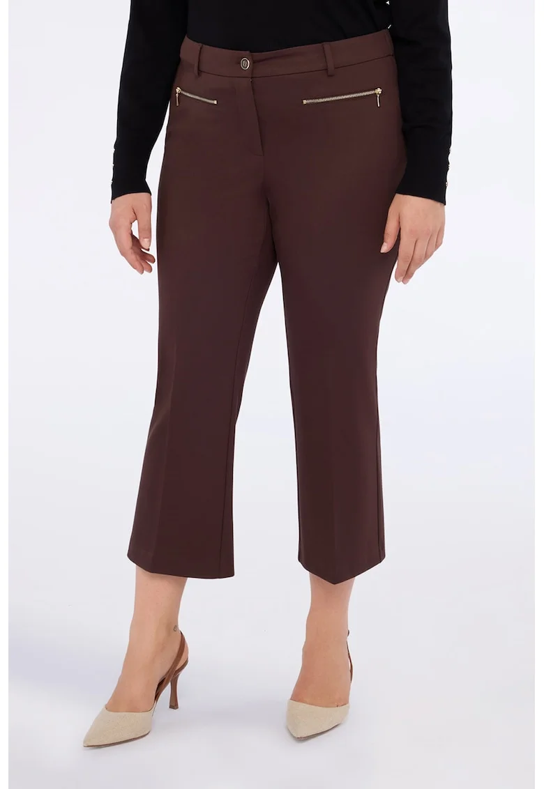 Pantaloni kick-flared cu buzunare cu fermoar, Maro inchis