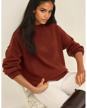 Pulover dama,  confortabil, caramiziu, tricot