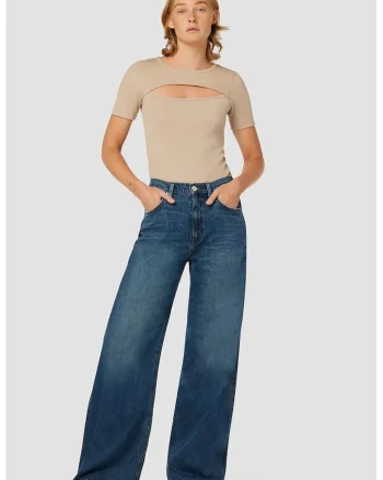 Blugi din denim soft cu terminație tip deteriorată, Albastru