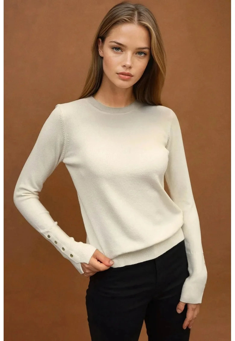 Pulover dama,  tricotat cu guler rotund si nasturi, crem, tricot