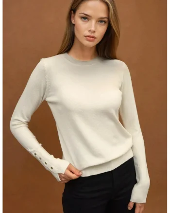 Pulover dama,  tricotat cu guler rotund si nasturi, crem, tricot