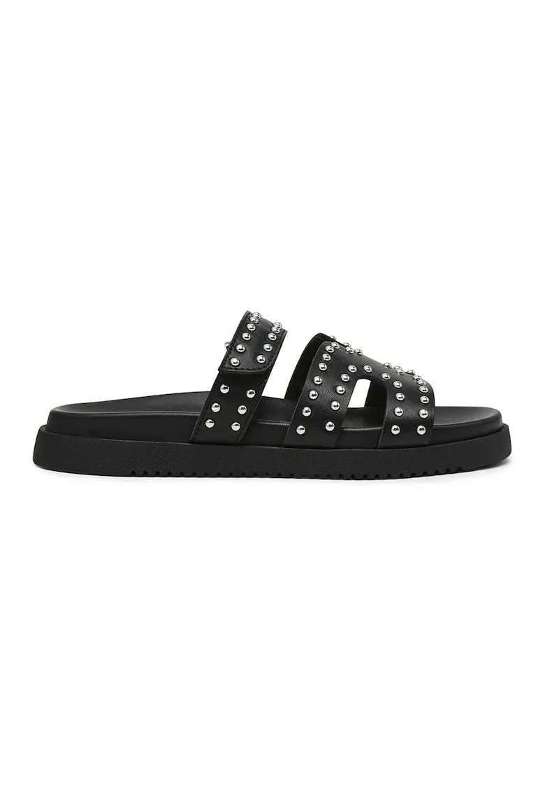 Papuci din piele, Negru/Argintiu