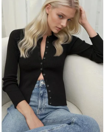 Cardigan dama,  mulat, maneca lunga, negru, tricot
