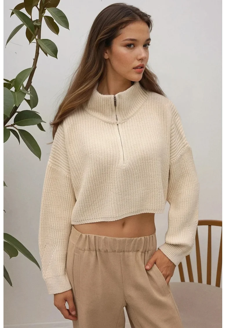 Pulover dama  gros tricotat cu guler cu fermoar, scurt, tricot, Fildes Natural,