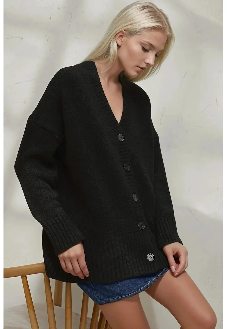 Cardigan tricotat din material gros,  decolteu in V, tricot, Negru,