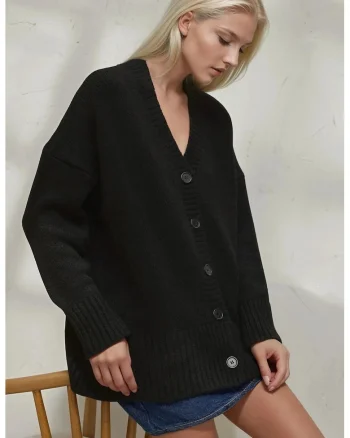 Cardigan tricotat din material gros,  decolteu in V, tricot, Negru,