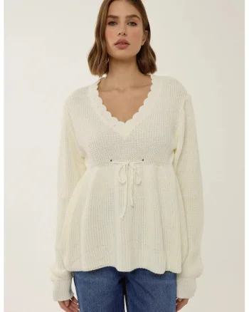 Pulover dama  decolteu in V, detalii elegante, natural, tricot